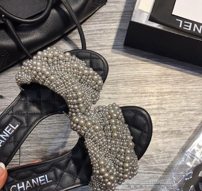 CHANEL香奈兒 18ss頂級珍珠涼鞋系列 超級女神系列 4cm貓跟 全手工縫珠 頂級貨珍珠拖鞋  dsX2406